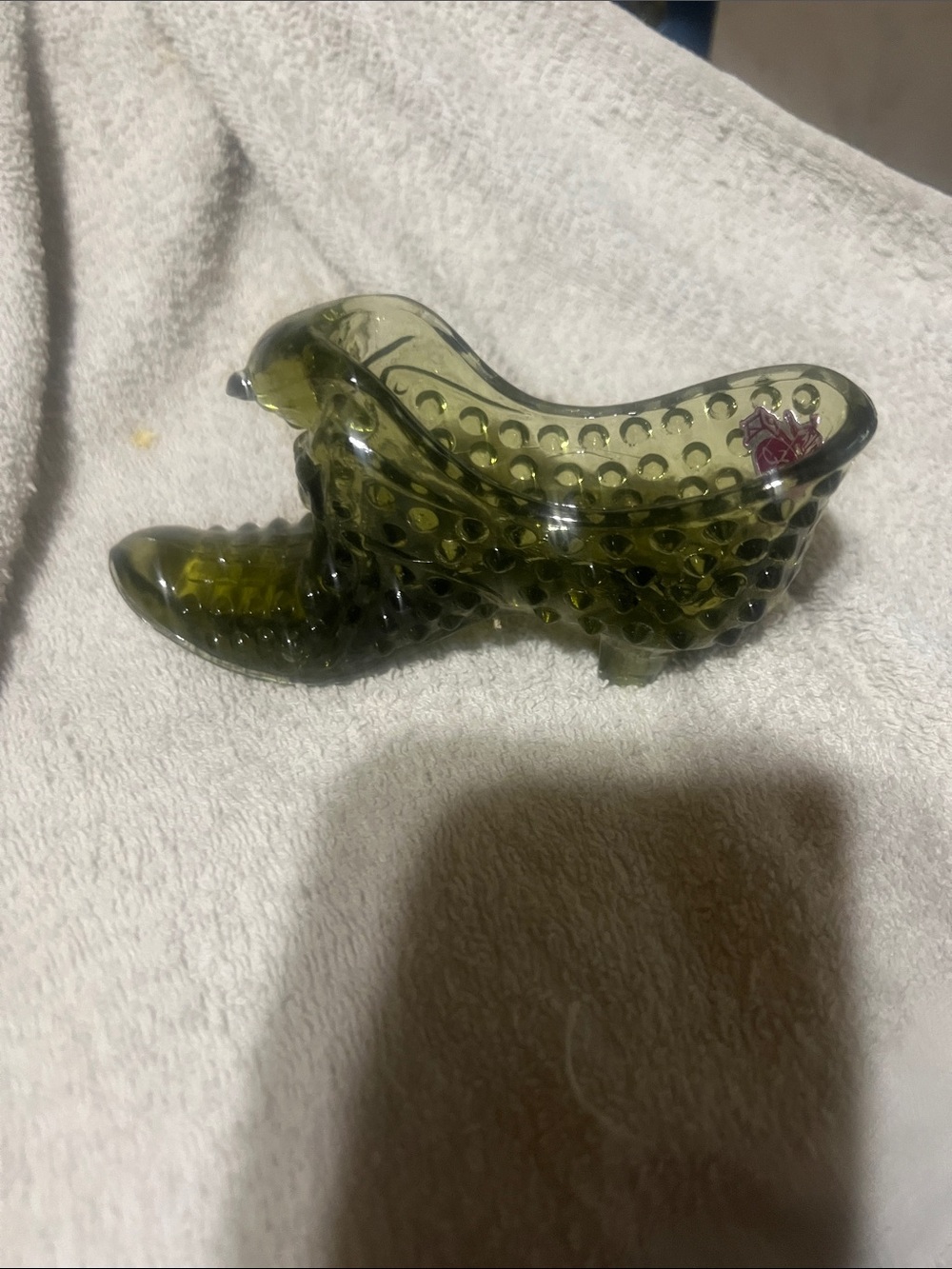Vintage Olive Green Glass Shoe Figurine - Decorative Accent